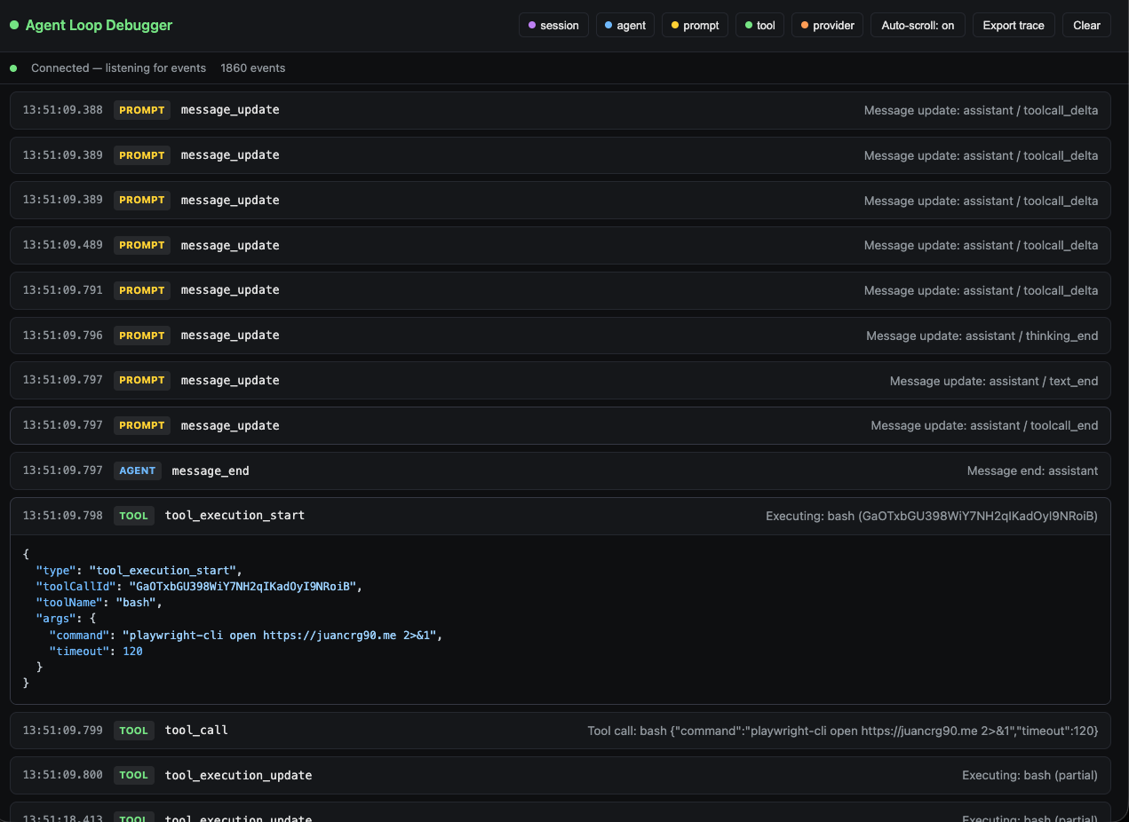 Agent Loop Debugger showing the event timeline